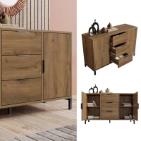 Modern Industrial Sideboard with Metal Frame and Adjustable Feet, Combo Buffet Cabinet with Height-Adjustable Shelf, 120L x 40W x 76H cm, Dark Oak(m-13)