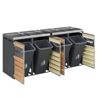 4-Compartment Outdoor Bin Enclosure with Integrated Planter, Planter-Top Quad Bin Storage with Lockable Doors, 264L x 80W x 124.5H cm, Grey+Wood(m-9)