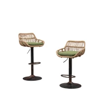 Set of 2 Swivel Bar Stools with Padded Linen Seat and Iron Frame, Height-Adjustable Counter Chairs with Metal Disc Base, 48L x 49W x 109H cm, Green(m-2)