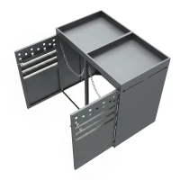 Double Wheelie Bin Storage Box with Planting Top and Tipping Chains, Galvanised Steel Lockable Bin Store with Ventilation Slots, 132L x 80W x 125H cm, Grey(m-11)