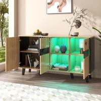 On-Trend Sideboard with Colour-Coordinated Design, Stylish Storage Cabinet with Glass-Front Door, 140L x 41W x 78.5H cm, Black+Wood(m-5)