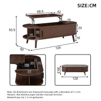 Lift-Up Oval Coffee Table with Hidden Storage and Roller-Shutter Doors, Space-Saving Centre Table with Solid Wood Legs, 120L x 50W x 39.5H cm, Wood(m-3)