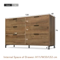 Dark Oak Sideboard with 6 Drawers and Industrial Metal Frame, Industrial Rustic Cabinet with Adjustable Feet, 120L x 40W x 76H cm, Dark Oak(m-3)