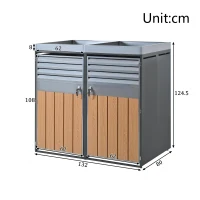 Lockable Bin Storage Unit with Integrated Planter, Lockable Trash Can Shed with Corrosion-Resistant Frame, 264L x 80W x 124.5H cm, Grey+Wood(m-3)