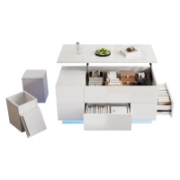 Lift-Top Coffee Table with App-Controlled LED and Soft-Close Drawers, Sleek White Center Table with 2 Storage Ottomans, 100L x 50W x 45H cm, White(m-2)