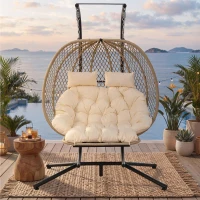 Cadeira suspensa em forma de ovo com suporte, cadeira de baloiço com apoio de pés regulável, cadeira suspensa de jardim com almofada de assento & almofado, 140x94x197 cm, Bege(m-4)
