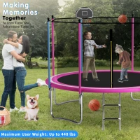 Outdoor Trampoline with Basketball Hoop and Safety Net, Heavy Duty Rebounder with Weatherproof Steel Frame, 366L x 366W x 76H cm, Pink(m-4)