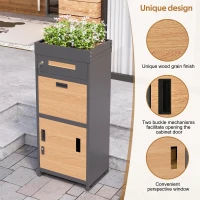 Parcel Mailbox with Integrated Planter and Letter Storage, Anti-Theft Parcel Delivery Box with Viewing Window, 50L x 37W x 118.5H cm, Grey+Wood(m-5)