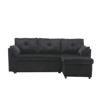 Stylish Sectional Sleeper Sofa with Reversible Storage Chaise, 3-In-1 L-Shaped Sofa with Corduroy Upholstery, 206L x 130W x 88H cm, Black(m-2)