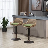 Set of 2 Swivel Bar Stools with Padded Linen Seat and Iron Frame, Height-Adjustable Counter Chairs with Metal Disc Base, 48L x 49W x 109H cm, Green(m-6)