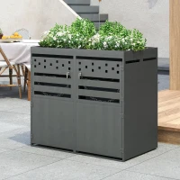 Double Wheelie Bin Storage Box with Planting Top and Tipping Chains, Galvanised Steel Lockable Bin Store with Ventilation Slots, 132L x 80W x 125H cm, Grey(m-1)