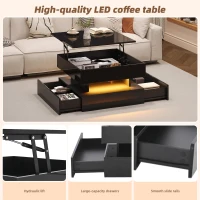 Lift-Up Coffee Table with App-Controlled LED Light Strip and Hidden Storage, Stylish Center Table with 2 Drawers, 65L x 65W x 38.5H cm, Black(m-5)