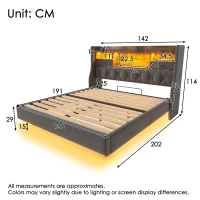 Upholstered Double Floating Bed with LED Mood Lighting, Low-Profile Floating Bed Frame with Storage Headboard, 202L x 142W x 114H cm, Grey(m-3)