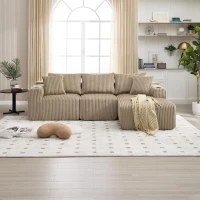 Modular L-Shaped Sectional Sofa with Deep Seat, Plush Corduroy Boneless Couch for Living Room, 257L x 160W x 80H cm, Khaki(m-8)