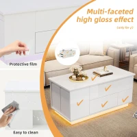 Lift-Top Coffee Table with App-Controlled LED and Soft-Close Drawers, Sleek White Center Table with 2 Storage Ottomans, 100L x 50W x 45H cm, White(m-5)
