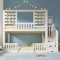 Cabin-Style Bunk Bed with Staircase Storage and Guardrail, White Window-Detailed Cabin Bed with Slatted Bases, 244L x 95W x 170H cm, White(m-7)