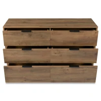 Dark Oak Sideboard with 6 Drawers and Industrial Metal Frame, Industrial Rustic Cabinet with Adjustable Feet, 120L x 40W x 76H cm, Dark Oak(m-13)