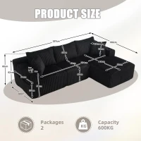 Modular L-Shaped Sectional Sofa with Deep Seat, Plush Corduroy Boneless Couch for Living Room, 257L x 160W x 80H cm, Black(m-3)