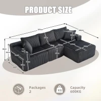 Modular L-Shaped Sectional Sofa with Deep Seat, Plush Corduroy Boneless Couch for Living Room, 257L x 160W x 80H cm, Gray(m-3)