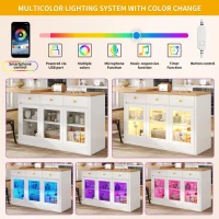 Extendable Kitchen Island with Multicolour RGB LED Lighting, Modern Dining Table with 3 Deep Drawers, 120L x 40W x 75.5H cm, White(m-6)