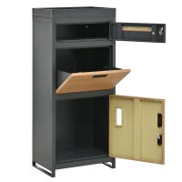 Parcel Mailbox with Integrated Planter and Letter Storage, Anti-Theft Parcel Delivery Box with Viewing Window, 50L x 37W x 118.5H cm, Grey+Wood(m-12)