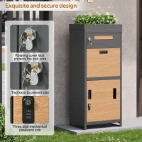 Parcel Mailbox with Integrated Planter and Letter Storage, Anti-Theft Parcel Delivery Box with Viewing Window, 50L x 37W x 118.5H cm, Grey+Wood(m-4)
