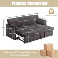 Stylish Sectional Sleeper Sofa with Reversible Storage Chaise, 3-In-1 L-Shaped Sofa with Corduroy Upholstery, 206L x 130W x 88H cm, Charcoal Grey(m-3)
