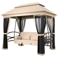 Outsunny Balancelle de Jardin 3 Places Convertible Style Colonial Grand Confort 5 Coussins + Matelas + moustiquaires Inclus 2,56L x 1,72l x 2,48H m Marron Clair(m-11)