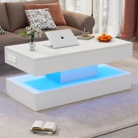 Modern Coffee Table with Bluetooth-Controlled LED Lighting, Lift-Up Center Table with Hidden Storage and Hydraulic Lift, 100L x 50W x 42H cm, White(m-9)