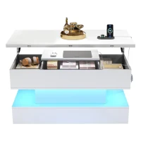 Multifunctional White Coffee Table with Integral Power Outlet, Modern Center Table with App-Controlled LED Light, 100L x 50W x 51.5H cm, White(m-2)