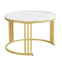 2-In-1 Round Coffee Table Set with High-Gloss Tops, Space-Saving Center Table Set with 2 Drawers, 70L x 70W x 46H cm, White+Gray(m-12)