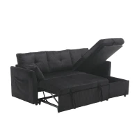 Stylish Sectional Sleeper Sofa with Reversible Storage Chaise, 3-In-1 L-Shaped Sofa with Corduroy Upholstery, 206L x 130W x 88H cm, Black(m-11)