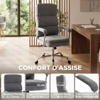 HOMCOM Chaise bureau ergonomique en chenille, fauteuil de bureau avec accoudoirs rembourrés, hauteur réglable, gris(m-4)
