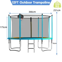 Outdoor Trampoline with Basketball Hoop and Safety Net, Heavy Duty Rebounder with Weatherproof Steel Frame, 366L x 366W x 76H cm, Blue+Orange(m-3)
