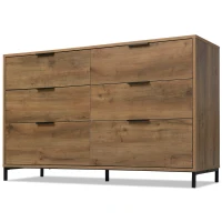 Dark Oak Sideboard with 6 Drawers and Industrial Metal Frame, Industrial Rustic Cabinet with Adjustable Feet, 120L x 40W x 76H cm, Dark Oak(m-14)