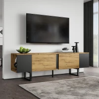 Natural-Wood TV Cabinet with Open Shelves and Soft-Close Doors, Stylish TV Stand with Durable Chipboard Construction, 180L x 40W x 55H cm, Natural(m-1)