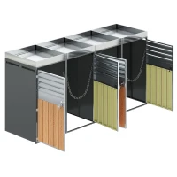 Lockable Bin Storage Unit with Integrated Planter, Lockable Trash Can Shed with Corrosion-Resistant Frame, 264L x 80W x 124.5H cm, Grey+Wood(m-9)