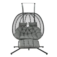 Cadeira suspensa em forma de ovo com suporte, cadeira de baloiço com apoio de pés regulável, cadeira suspensa de jardim com almofada de assento & almofado, 140x94x197 cm, Cinzento(m-1)