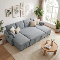 HOMCOM Ecksofa mit Schlaffunktion und Bettkasten U-Form 4-Sitzer Sofa mit Chaiselongue, verstellbarer Rückenlehne, Leinenoptik(m-2)