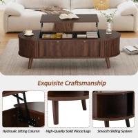Lift-Up Oval Coffee Table with Hidden Storage and Roller-Shutter Doors, Space-Saving Centre Table with Solid Wood Legs, 120L x 50W x 39.5H cm, Wood(m-6)