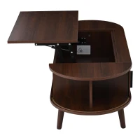 Lift-Up Oval Coffee Table with Hidden Storage and Roller-Shutter Doors, Space-Saving Centre Table with Solid Wood Legs, 120L x 50W x 39.5H cm, Wood(m-13)