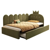 Upholstered Daybed with Pull-Out Trundle and Lattice Detail, Crown-Headboard Kids Bed with Metal Slatted Frame, 194L x 98W x 95H cm, Green(m-13)