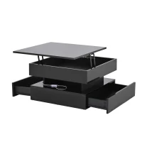 Lift-Up Coffee Table with App-Controlled LED Light Strip and Hidden Storage, Stylish Center Table with 2 Drawers, 65L x 65W x 38.5H cm, Black(m-12)
