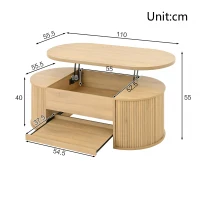 Lift-Top Coffee Table with Height-Adjustable Lift-Up Tabletop, Modern Center Table with Extendable Lower Shelf, 110L x 55.5W x 40H cm, Wood(m-3)