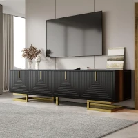 TV Cabinet with Textured Doors Metallic Handles and Sturdy Metal Legs, Elegant TV Stand with Integrated Shelves, 160L x 38W x 44.5H cm, Black(m-5)