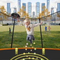 Outdoor Trampoline with Basketball Hoop and Safety Net, Heavy Duty Rebounder with Weatherproof Steel Frame, 366L x 366W x 76H cm, Orange(m-7)