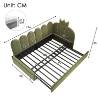 Upholstered Daybed with Pull-Out Trundle and Lattice Detail, Crown-Headboard Kids Bed with Metal Slatted Frame, 194L x 98W x 95H cm, Green(m-3)