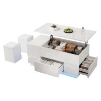 Lift-Top Coffee Table with App-Controlled LED and Soft-Close Drawers, Sleek White Center Table with 2 Storage Ottomans, 100L x 50W x 45H cm, White(m-13)