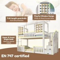 Cabin-Style Bunk Bed with Staircase Storage and Guardrail, White Window-Detailed Cabin Bed with Slatted Bases, 244L x 95W x 170H cm, White(m-6)