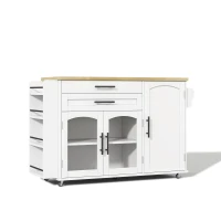 Mobile Kitchen Island Trolley with Lockable 360° Wheels, Glass-Door Storage Cabinet with Adjustable Shelves, 138L x 70W x 90H cm, White(m-2)